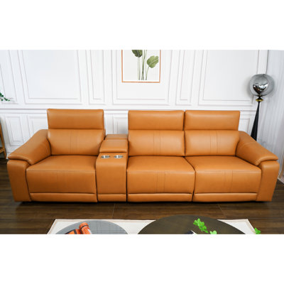 4 canapés modulaires en cuir brun avec 2 porte-gobelets et fauteuil inclinable électrique, salon confortable, décoration moderne de style moderne pour les petits espaces, éponge haute respirante, espace de rangement, espaces de rangement
