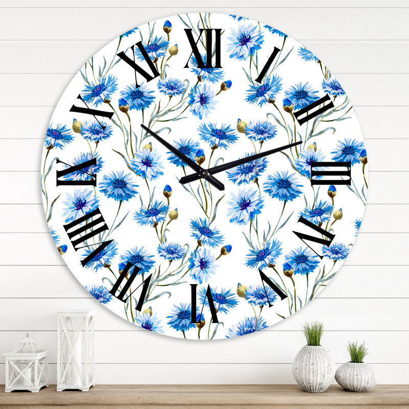 Bleu bleuet avec feuilles vertes II - Horloge murale traditionnelle, Grand