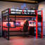 Lit mezzanine double en bois rouge avec bureau, rangement latéral et, pour un espace de jeu aristocratique, un espace bien équipé-130093348-130093346