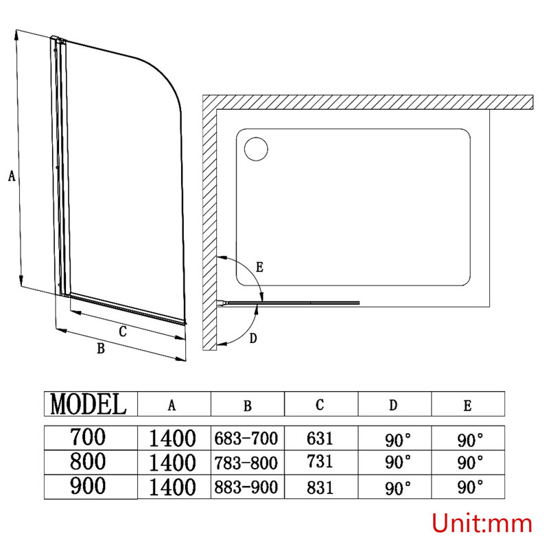 Mahler 1400mm H Pivot Semi-Frameless Tub Door with Clear Glass, Rounded Corner, 80cm x 140cm, Black
