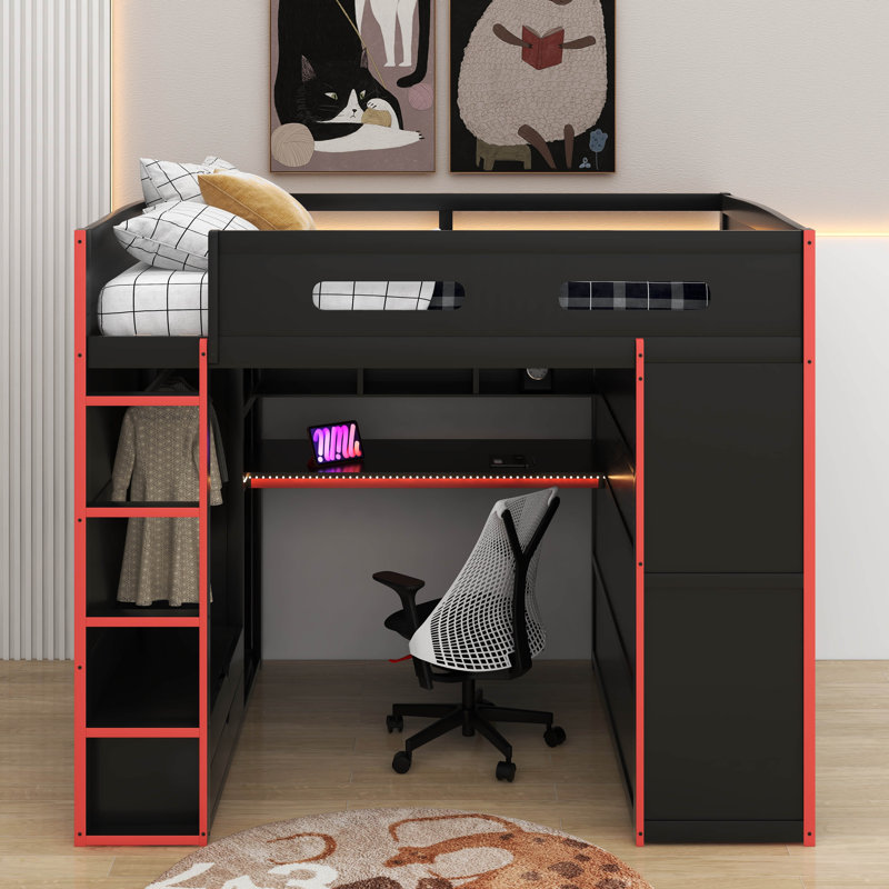 Full Size Wood Loft Bed With Desk,Wardrobe,Ample Storage Space,And RGB LED Light, Black/Red