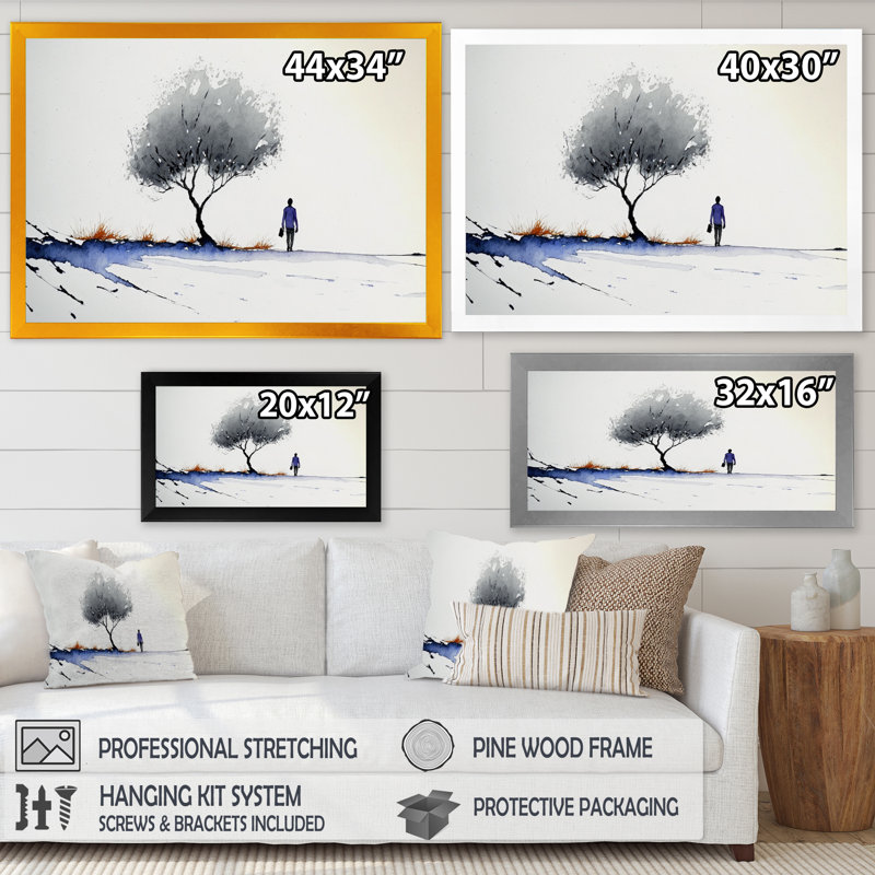 «Gray Tree in Watercolor Solitude», reproduction sur toile, H 12 po x l 20 po x P 1 po, Encadrement doré