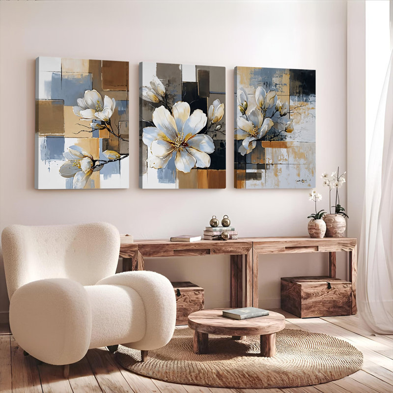 Tableau abstrait floral sur toile tendue (ensemble de 3), H 24 po x l 48 po