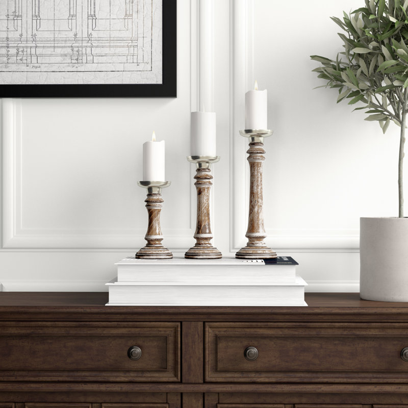 Elegant Mango Wood 9'' Traditional Candlestick Set in Brown