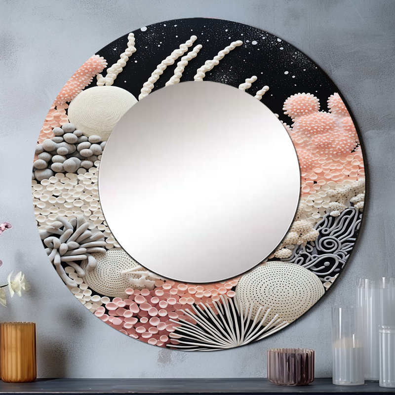 Robida abstrait corail noir et blanc Robida III - miroir unique corail, 23 po x 23 po
