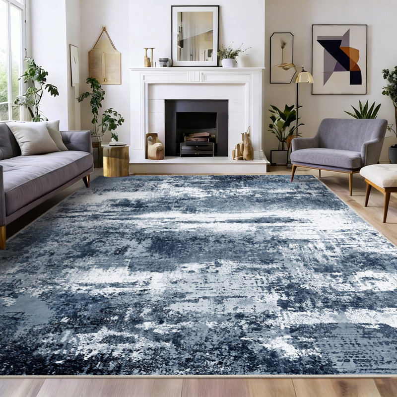 Machine-washable, foldable, soft short-pile printed rug Modern abstract oil painting design in deep blue Suitable for living rooms, bedrooms, studies, and hotels Indoor carpet
