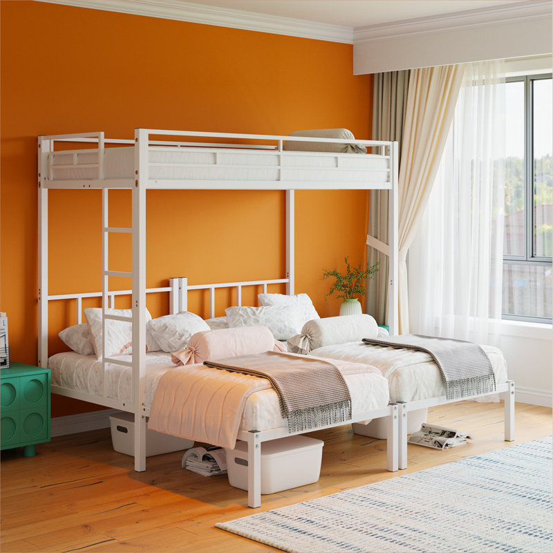 Lit plateforme triple convertible, finition blanche en métal, 3 lits simples amovibles pour dortoir, chambre d'amis et maisons pour plusieurs enfants