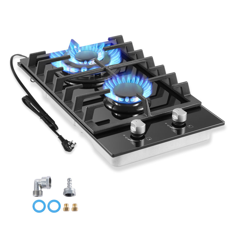 12-inch gas cooktop in black tempered glass with two burners, cast iron grates, and included installation accessories
