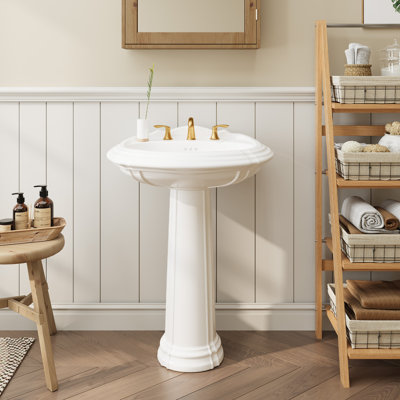Vintage 20" x 26" White Pedestal Bathroom Sink with Overflow, Ceramic Freestanding Basin with 3 Pre-Drilled Holes