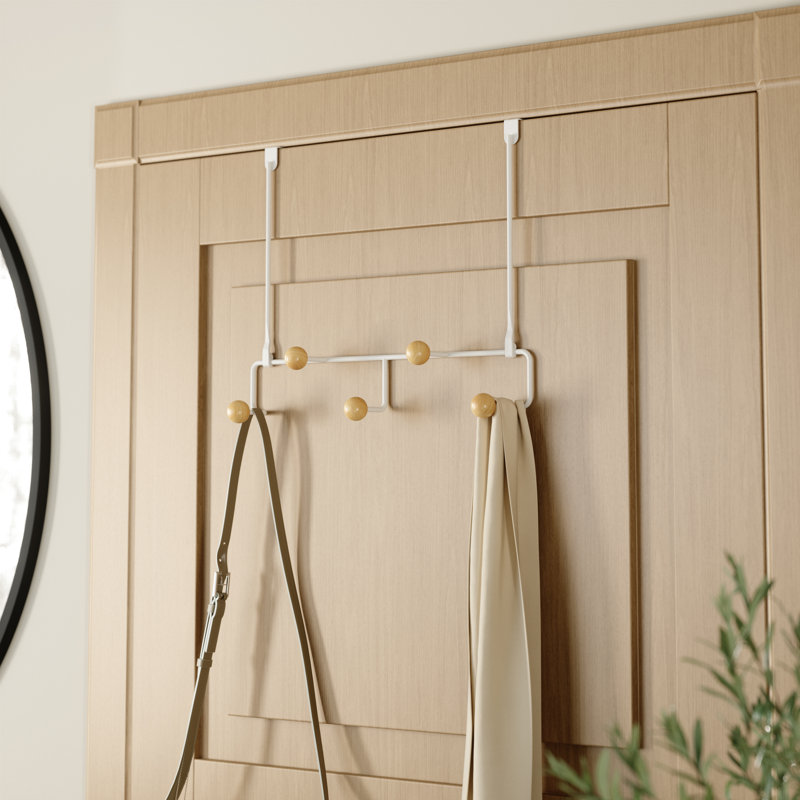 White Metal and Wood Over-the-Door 5-Hook Organizer