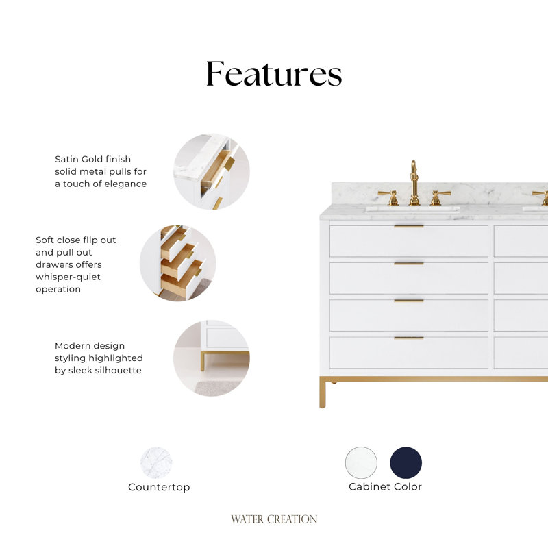 Bristol 60 In. Double Sink Carrara White Marble Countertop Bath Vanity In Pure White With Rectangular Mirrors (S), Pure White