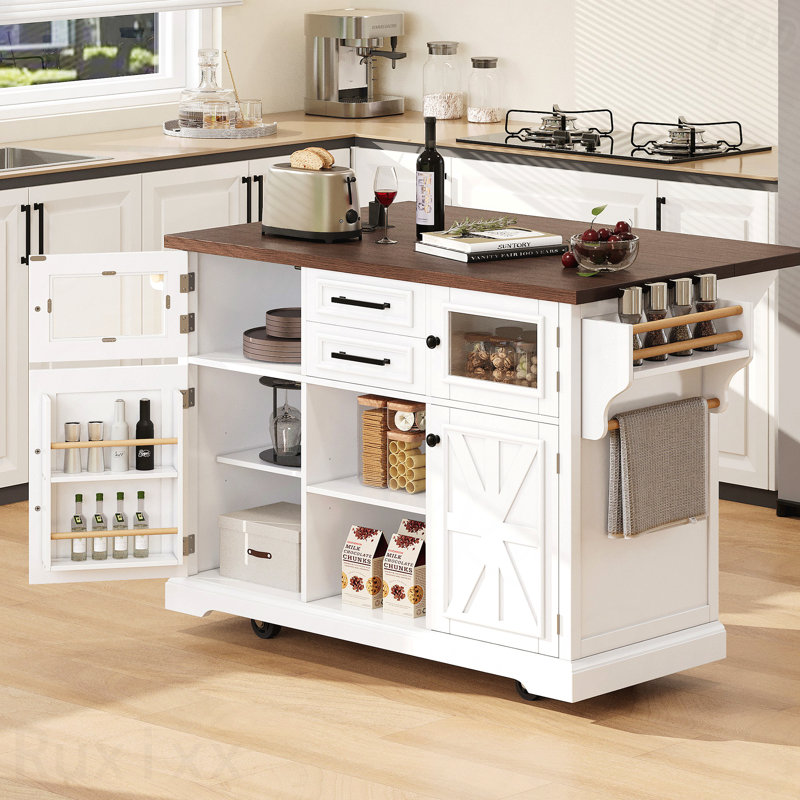Îlot de cuisine de 54,9 po avec abattant, prise de courant, chariot de rangement de cuisine avec 4 tablettes de porte, portes de grange croisées et porte en verre visuel, îlot de cuisine roulant sur 4 roues pour la cuisine, la salle à manger