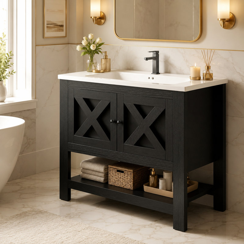 Single Bathroom Vanity with Ceramic Top, Noir