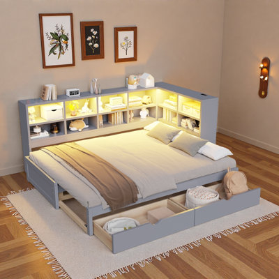 Modern Daybed With 2 Storage Drawers, Storage Cabinets, Led Light And Usb Ports