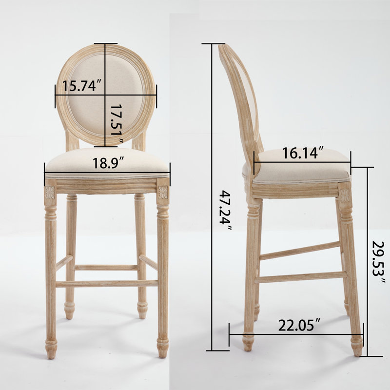 French Country Wooden Barstools with Upholstered Seating ,Beige ,Set  of 2