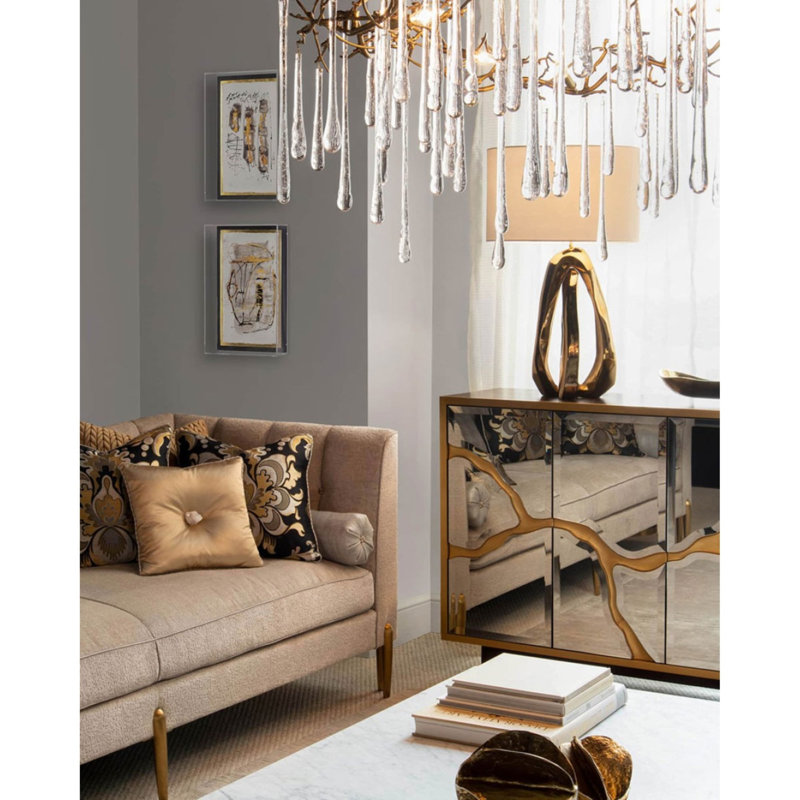 Lustre en forme de goutte de lumière en verre Irène, Givré, 60” Diameter x 71" Height, Or brossé