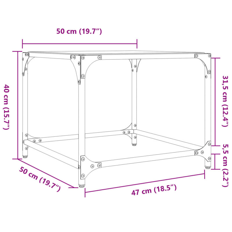 Table basse vidaXL verre Bois d'ingénierie, acier, verre, Transparent, H 15,74 po x L 19,68 po x l 19,68 po