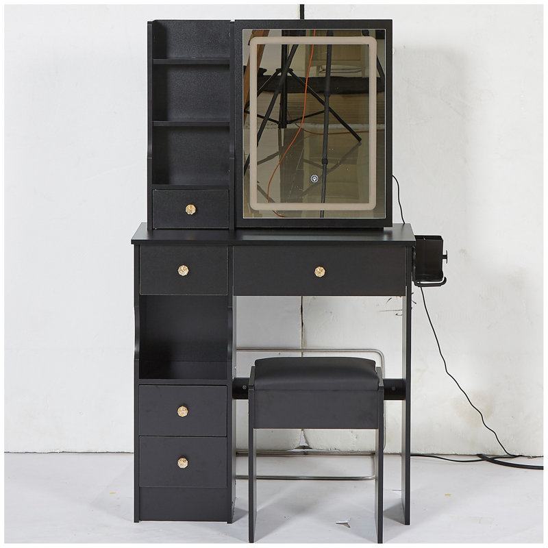 29.2" Small Size Left Drawer Desktop Vanity Table + Cushioned Stool, 2 AC+2 USB Power Station, Hair dryer bracket, Extra Large Touch Control Sliding LED Mirror, Tri-color Switching, Brightness Adjust