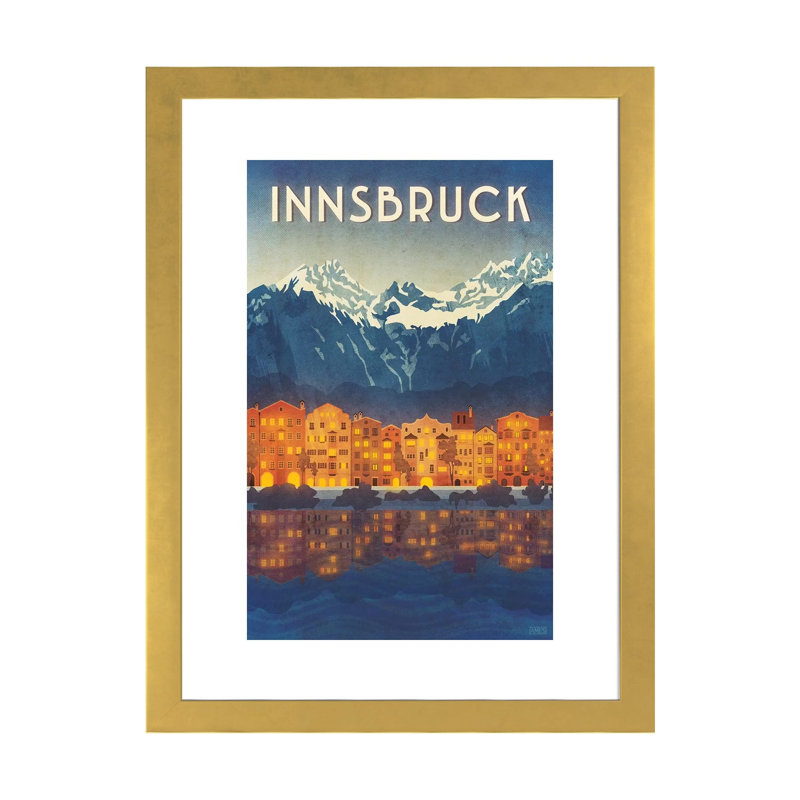 Impression d’art graphique « Austria-Innsbruck » par Missy Ames, H 24 po x l 16 po x P 1 po, Papier encadré doré, Blanc
