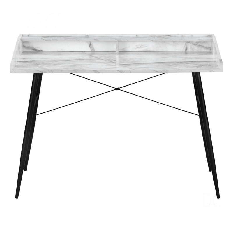 Computer Desk, Home Office, Laptop, Storage Shelves, 48"L, Work, White Marble Look Laminate, Black Metal, Contemporary, Modern