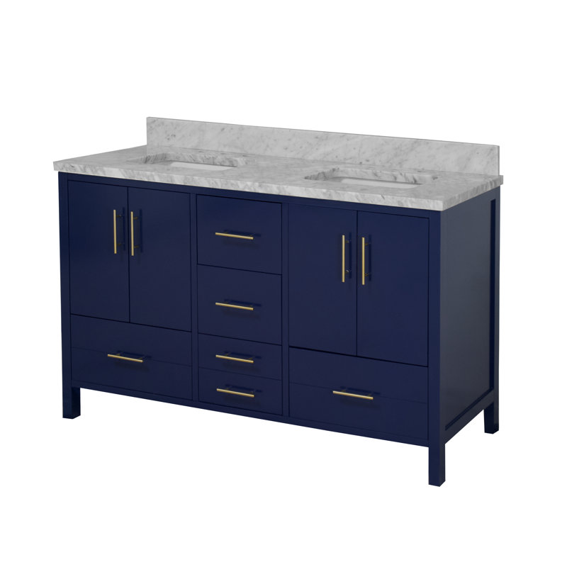 Ensemble de meuble-lavabo double 60 po Kiara, Bleu royal, Marbre de Carrare