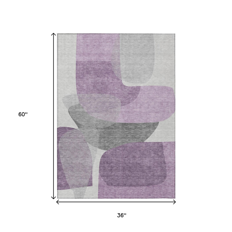 3' X 5' Purple And Gray Abstract Washable Indoor Outdoor Area Rug