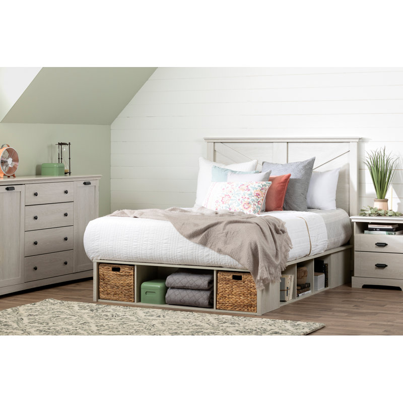 Full Winter Oak Upholstered Storage Bed with Rattan Baskets