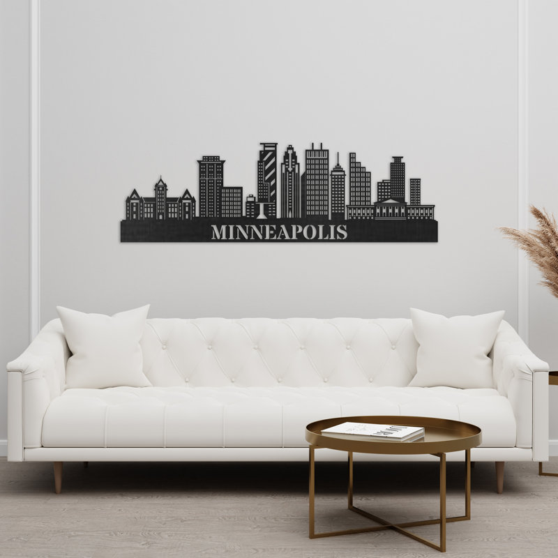 Décoration murale en bois Minneapolis City Skyline, H 14 po x l 46 po x P 0,25 po, Naturel