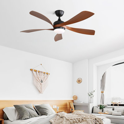 45 Inch Matte Black Ceiling Fan with Dark Wood Grain ABS Blades DC Motor and Integrated Light