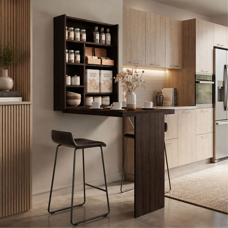 Stained  Wall-Mounted Bar Cabinet with Fold-Down Table