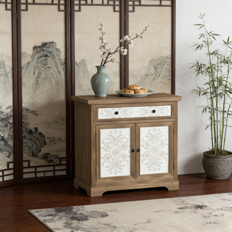 Rustic Vintage Accent Cabinet With Carved Floral Panels, Distressed Wood Sideboard With Drawer & Doors