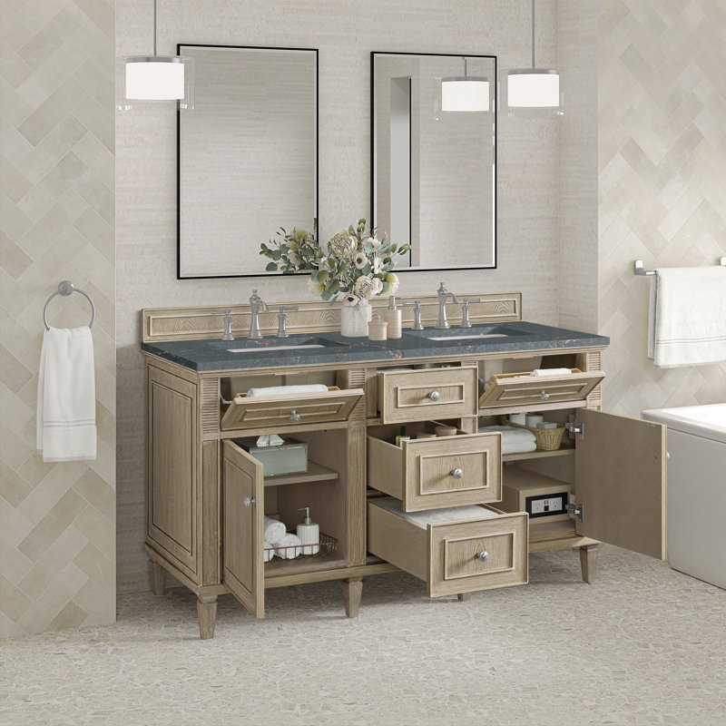 Lorelai 60'' W Double Vanity, Whitewashed Oak, Parisian Blue, 8" Widespread