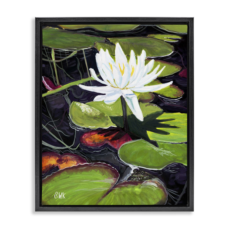 Art mural sur toile Pond Waterlily Surprise Floater, design par Sarah Waldron Kimball, Cadre flottant noir de jais