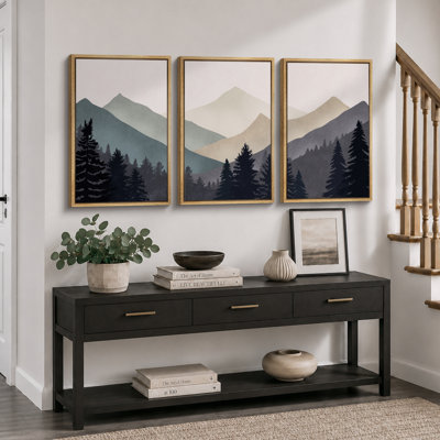 Sun Mountain Landscape "Abstract Neutral Forest Artwork, Simple Modern Minimalist Wall Pictures, Large Framed Canvas Giclee Print 3 Pieces Wall Art"