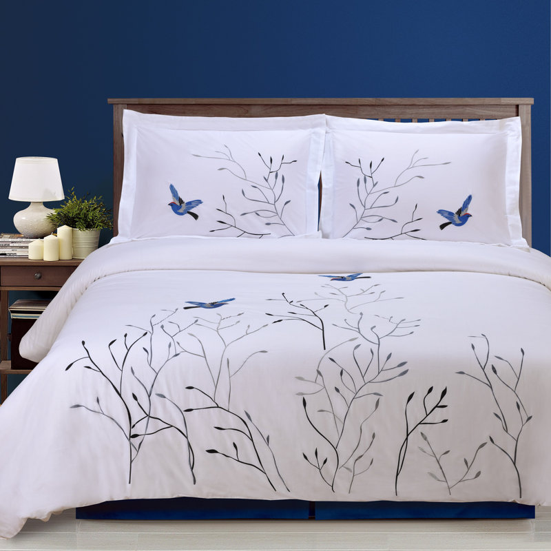 Blue Swallow Embroidered Cotton King/California King Duvet Cover Set