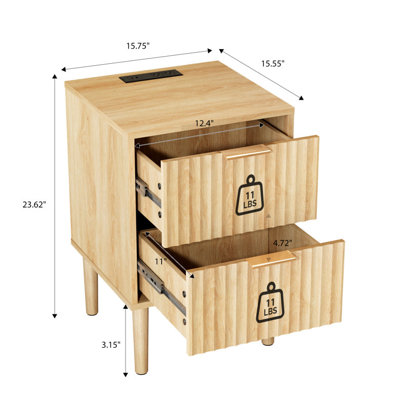 15.7" Oak Nightstand, P2 15MM MDF, Melamine & Vacuum Forming, 2 Drawers, US Outlet (1USB+1TYPE C+2AC)