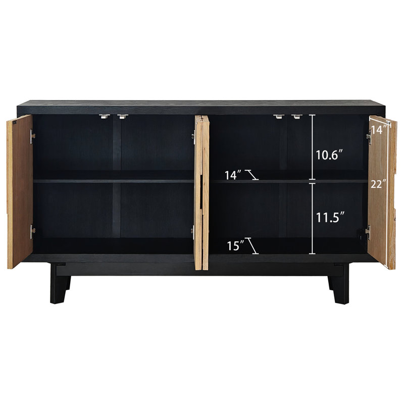 Buffet en bois naturel avec 4 portes et décoration géométrique - Unité de rangement spacieuse à 4 portes en bois rustique, fonctionnelle
