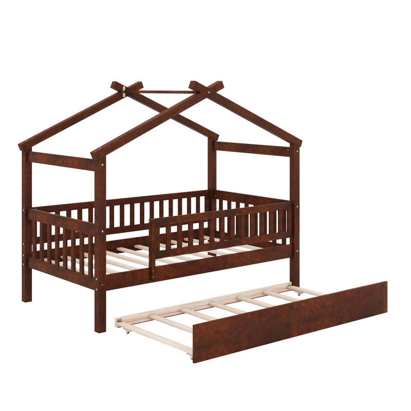 Wooden House Bed with Trundle, Twin, Walnut