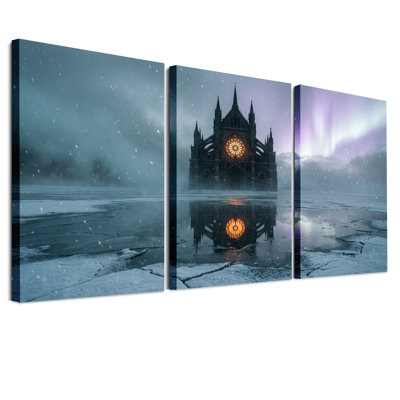 Cathédrale gothique reflétée dans la glace avec ensemble de 3 toiles d'Halloween