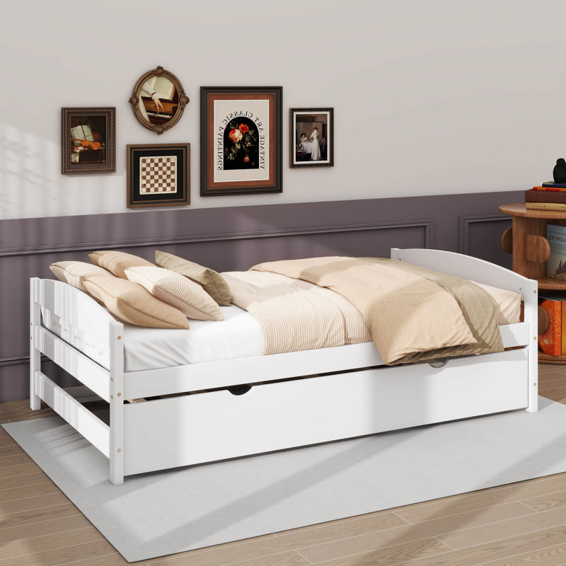 Un lit plateforme simple accompagné d'un lit gigogne sous le lit simple, Blanc