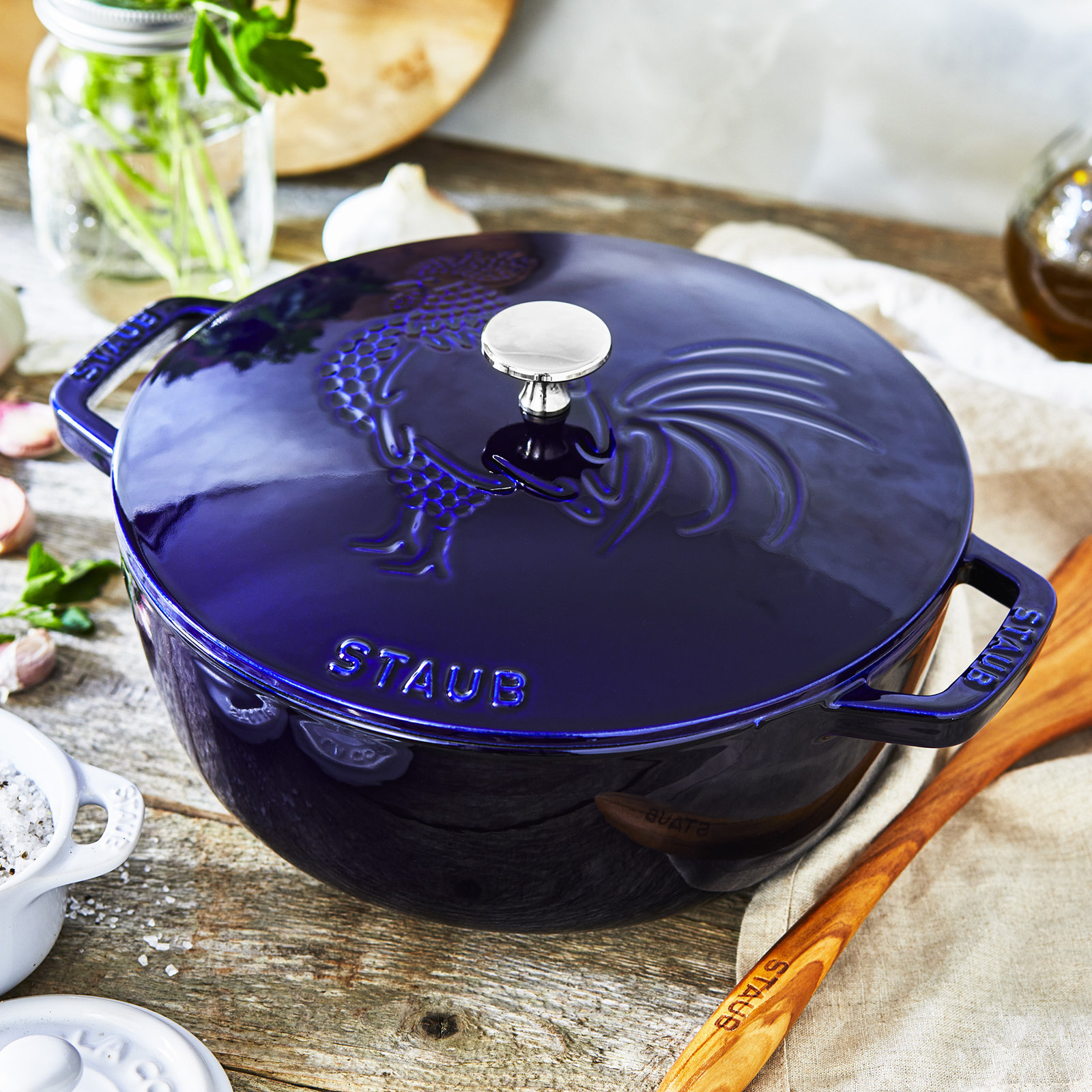 Staub Enameled Cast Iron Rooster Dutch Oven, Dark Blue