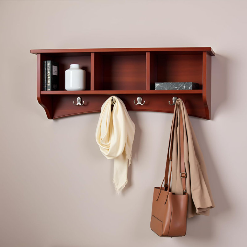 Shaker Cottage (L) 36" x (W) 9" x (H) 14" Wall-Mounted Coat Rack with 3 Open Shelves, Cherry, Cherry