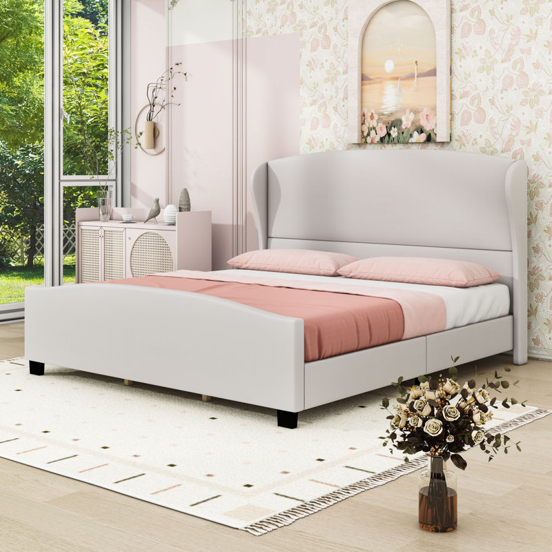 Upholstered Platform Bed with Headboard, King, Beige