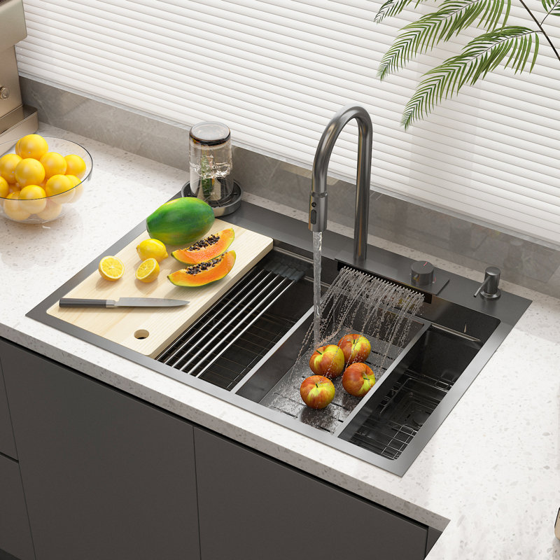33.2'' L Single Bowl Stainless Steel Kitchen Sink, Black, Black