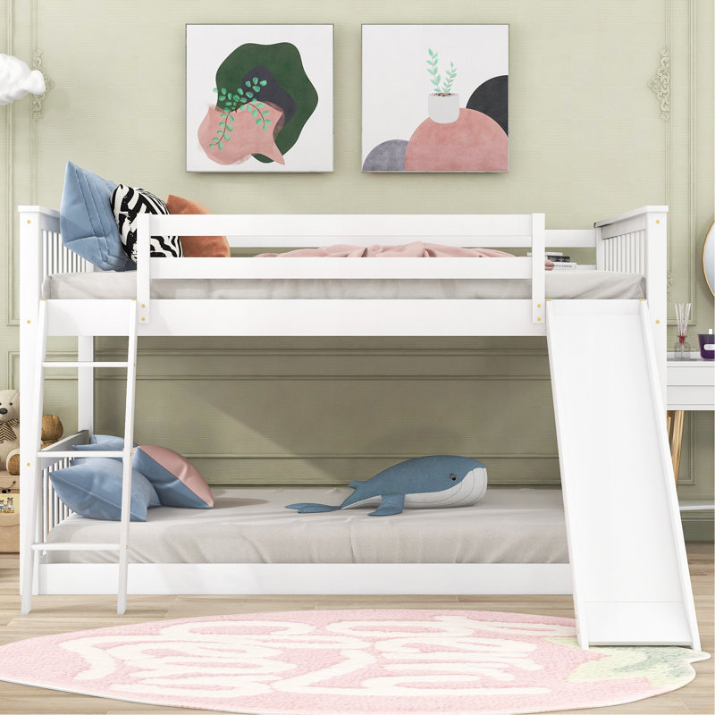 Lit superposé double au-dessus de double avec glissière et échelle convertibles, blanc