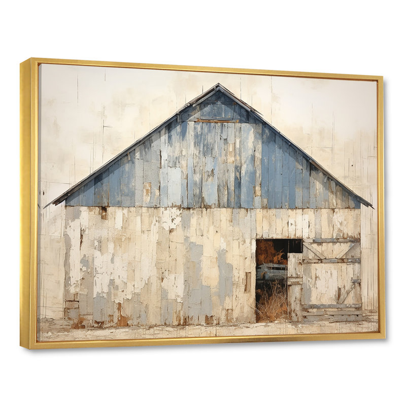 Beige et bleu grange - art mural de grange, Cadre flottant doré, H 16 po x l 32 po x P 1 po