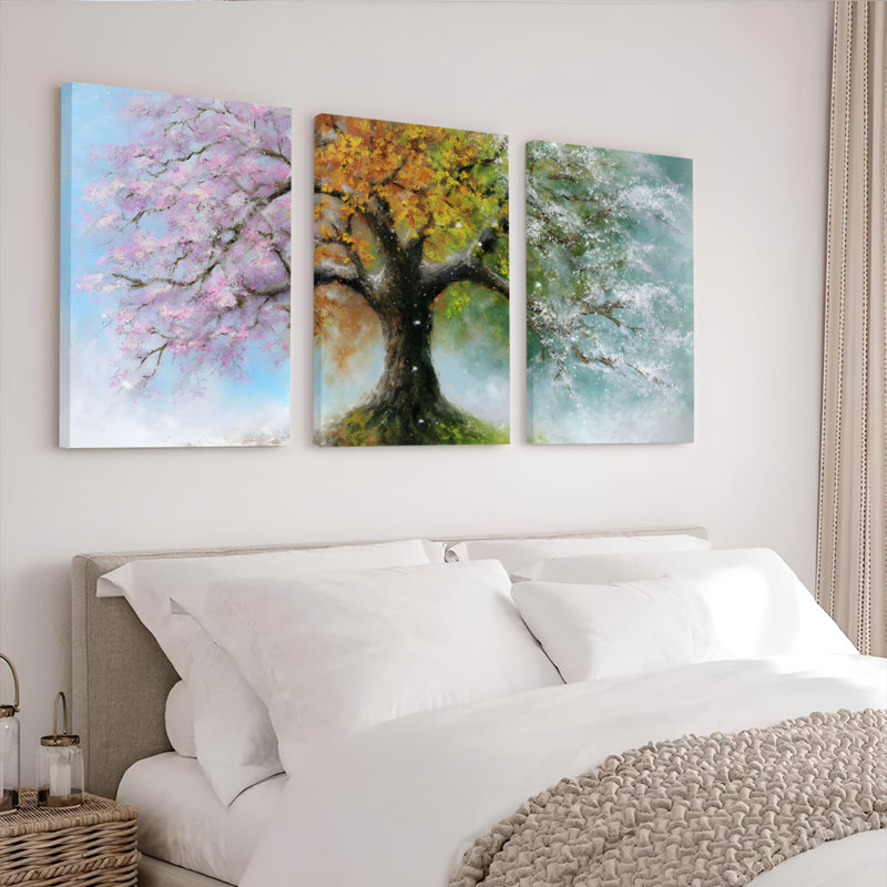 Tableau sur toile tendue représentant un arbre de saison (ensemble de 3), H 36 po x l 72 po