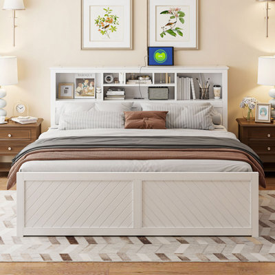 Wood Platform Bed With Multi-Storage Headboard, USB And Drawers