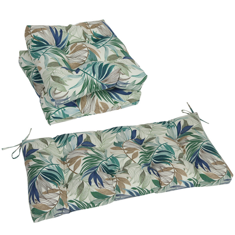 Outdoor Tufted Settee Cushions (Set Of 3), Tan/Green/Oasis Chambray Floral