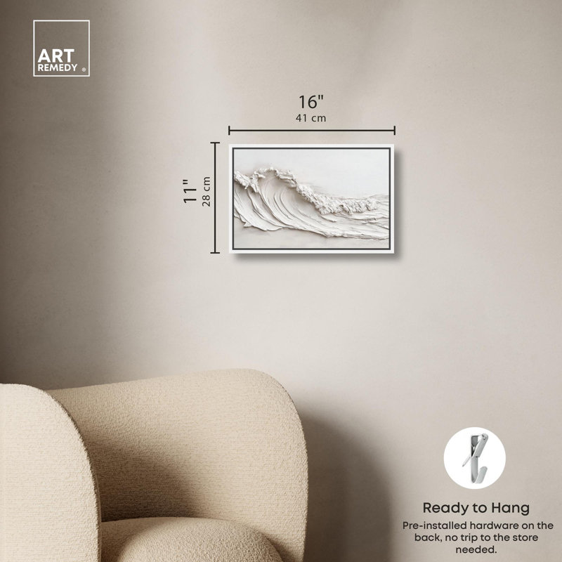 Vague sur toile blanche par Art Remedy, H 11 po x l 16 po, Blanc, Cadre flottant
